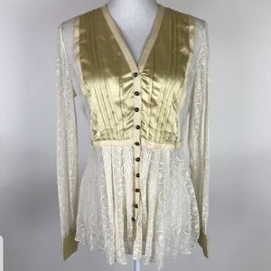 SUNDANCE CATALOG GOLD CREAM LACE SATIN BLOUSE